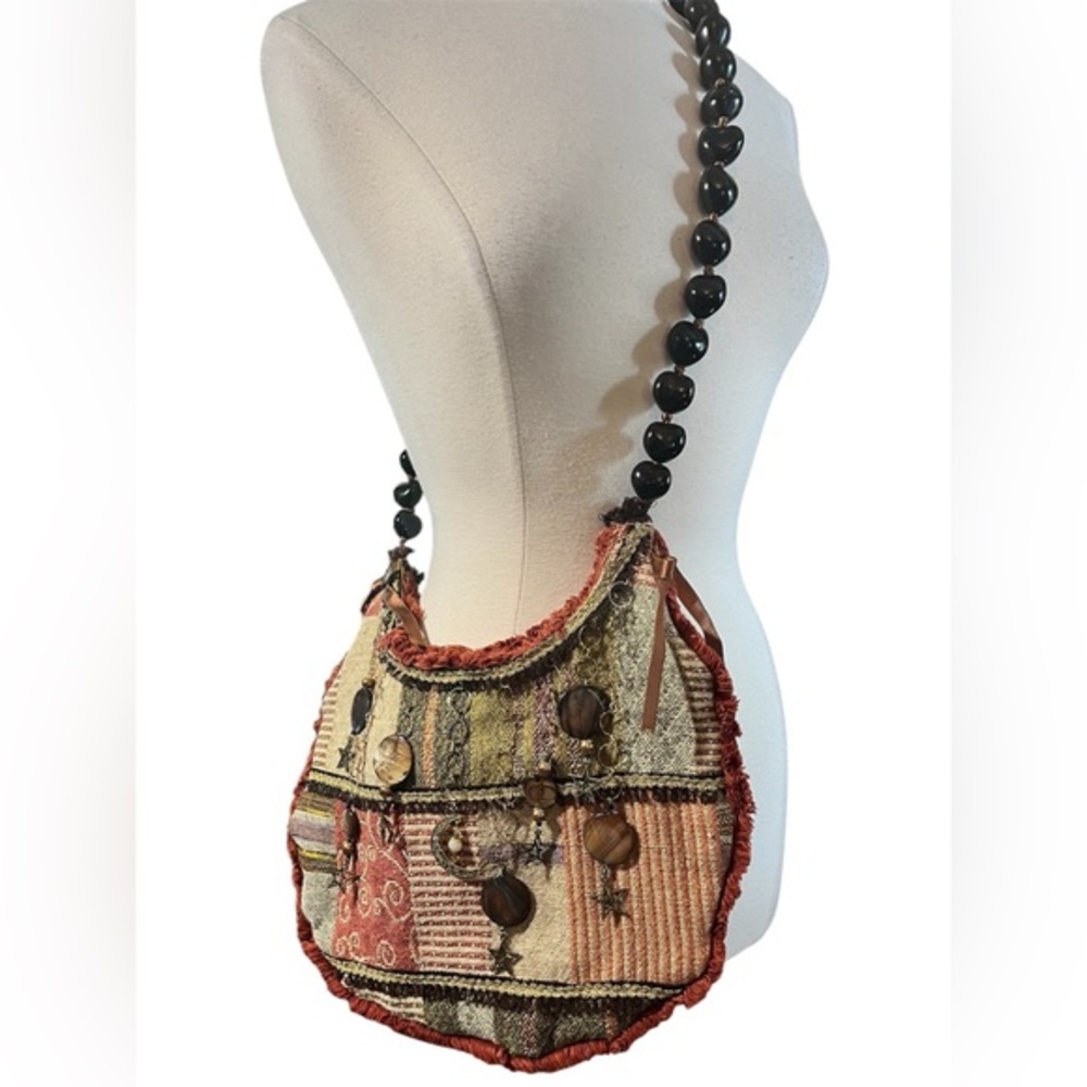 Handmade Boho hippy Fringe Bag with new & recycled fabric kukiu nuts,moon,stars